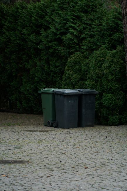 A low-angle view of a small outdoor rubbish pile situated on a gravel surface, consisting of black plastic rubbish bags, discarded cardboard boxes, and miscellaneous waste items. Prominently in the foreground, there is a large, weathered beige car seat or cushion lying on its side, showing visible fabric texture and slight discoloration. Behind the waste, a short dry stone wall constructed from irregularly shaped, rough-hewn stones serves as a boundary, with some greenery peeking over the top. To the left, a metal utility pole with attached cables extends vertically, and a yellow plastic crate is partially obscured beneath the rubbish. In the background, a chain-link fence topped with green shrubbery encloses a sports court or outdoor recreational area with a covered structure featuring a curved, semi-transparent roof. The scene is illuminated by daylight, highlighting the textures and colors of the various waste materials and surroundings, reflecting a typical area where independent rubbish collection might be required for proper disposal or clearance services such as those offered by Rubbish Removal Kingston.