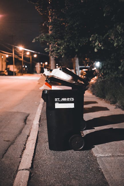 A black wheelie bin with a white label and the text 'ST. JOHN'S' printed on it is placed on a sidewalk next to a curb in an urban environment at night. The bin is filled with various discarded items, including cardboard boxes, plastic bags, and other household waste, some of which are overflowing and leaning out. The surrounding area features a tree with dense foliage on the right, casting shadows onto the pavement, and streetlights in the background illuminate the scene with warm, orange-toned light. In the distance, blurred outlines of parked cars and residential buildings are visible, indicating a neighbourhood setting. The scene reflects a typical outdoor waste disposal point, possibly related to private rubbish collection services such as those offered by Rubbish Removal Kingston, in contrast to communal or official waste collection methods. The overall atmosphere is quiet, with minimal activity, and the photograph emphasizes the importance of responsible waste disposal and rubbish removal in urban areas.